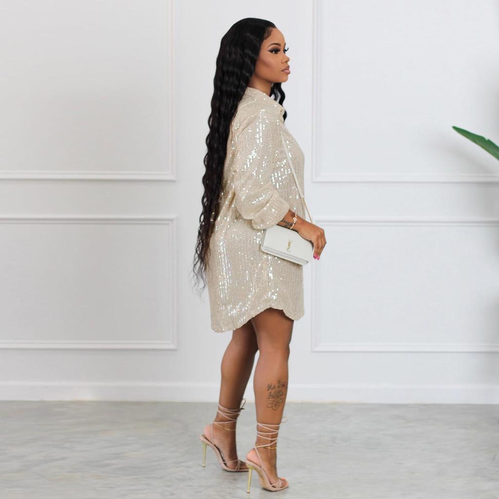 Женское свободное платье-рубашка на пуговицах с пайетками и длинными рукавами для вечеринок и клубов