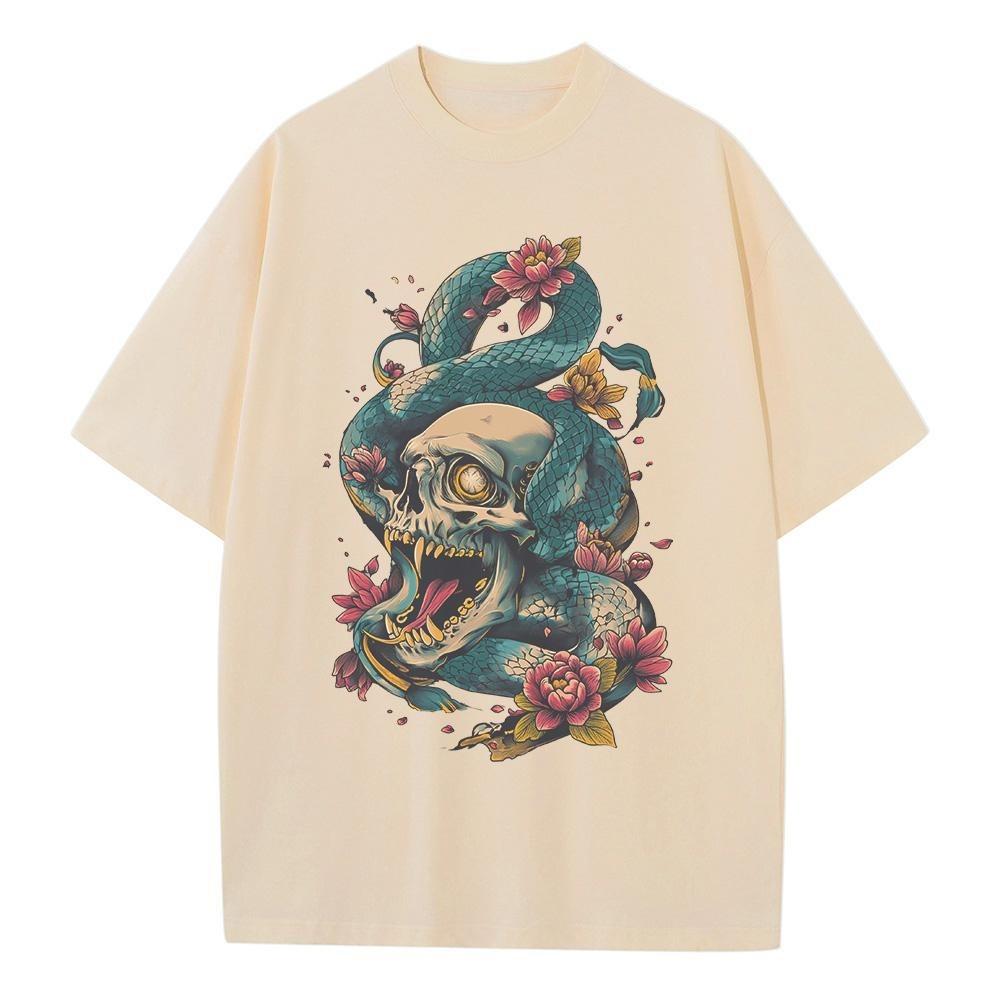 Cotton Graphic T Shirts Skull Python Illustration Printed Unisex Tops Heavyweight Drop Shoulder Oversized T Shirt Breathable