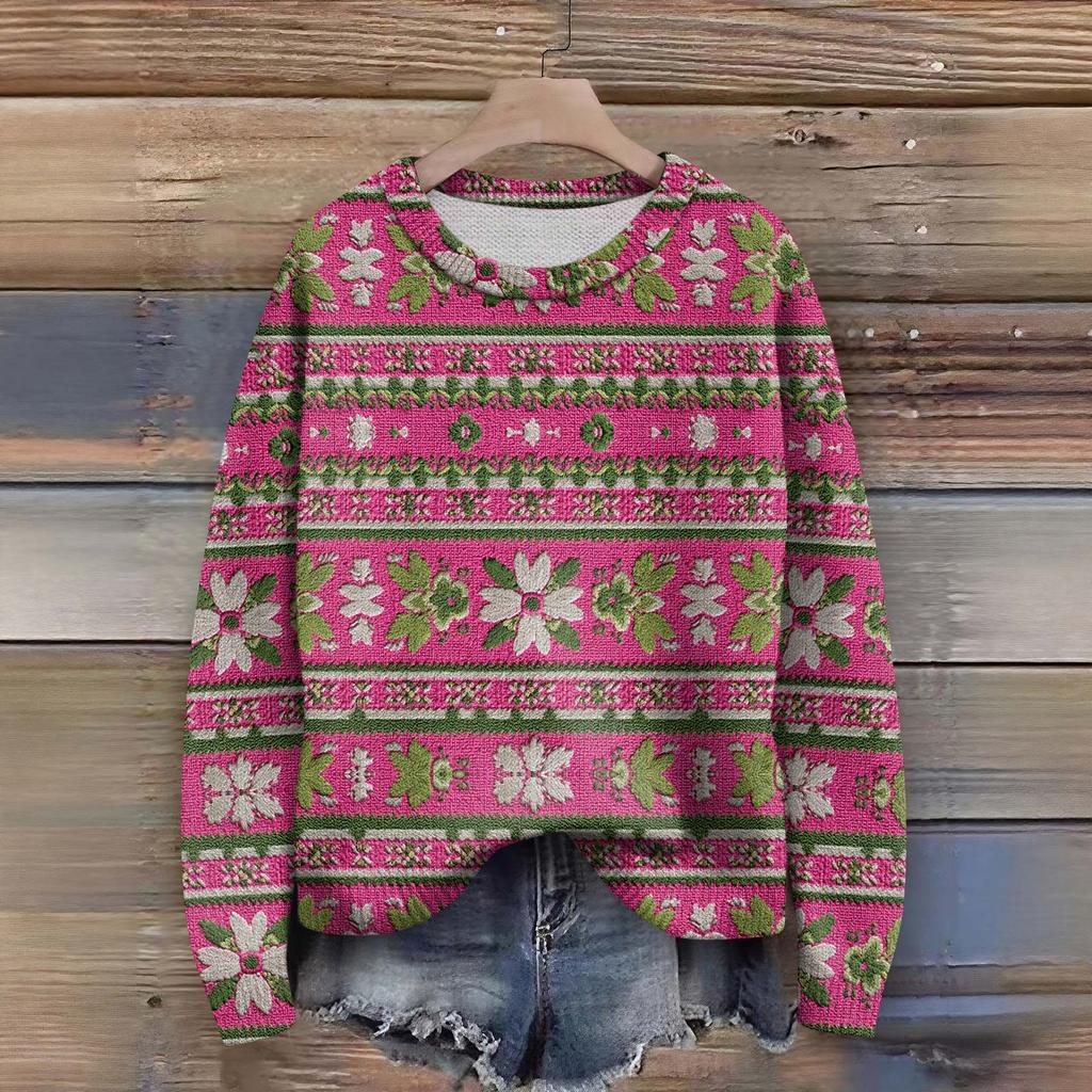Long Sleeve Pullover Sweaters For Women O Neck Casual Cute Printing Knit Oversized Sweater