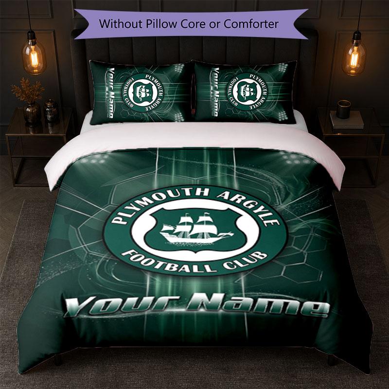 Plymouth Argyle FC Custom Name Text Bedding Set 1 Duvet Cover+2 Pillowcases Soccer Logo Personalized Gift For Special Occasion Bedroom Decor