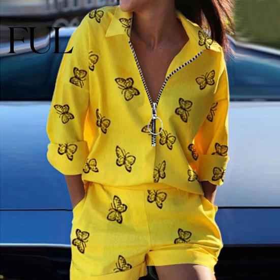 Female Shirt Shorts Suit 2Pcs/Set Women Turndown Collar Long Sleeves Metal Ring Ladies Zipper Spring Summer Feather Printed T-Shirt Top Pants Trousers