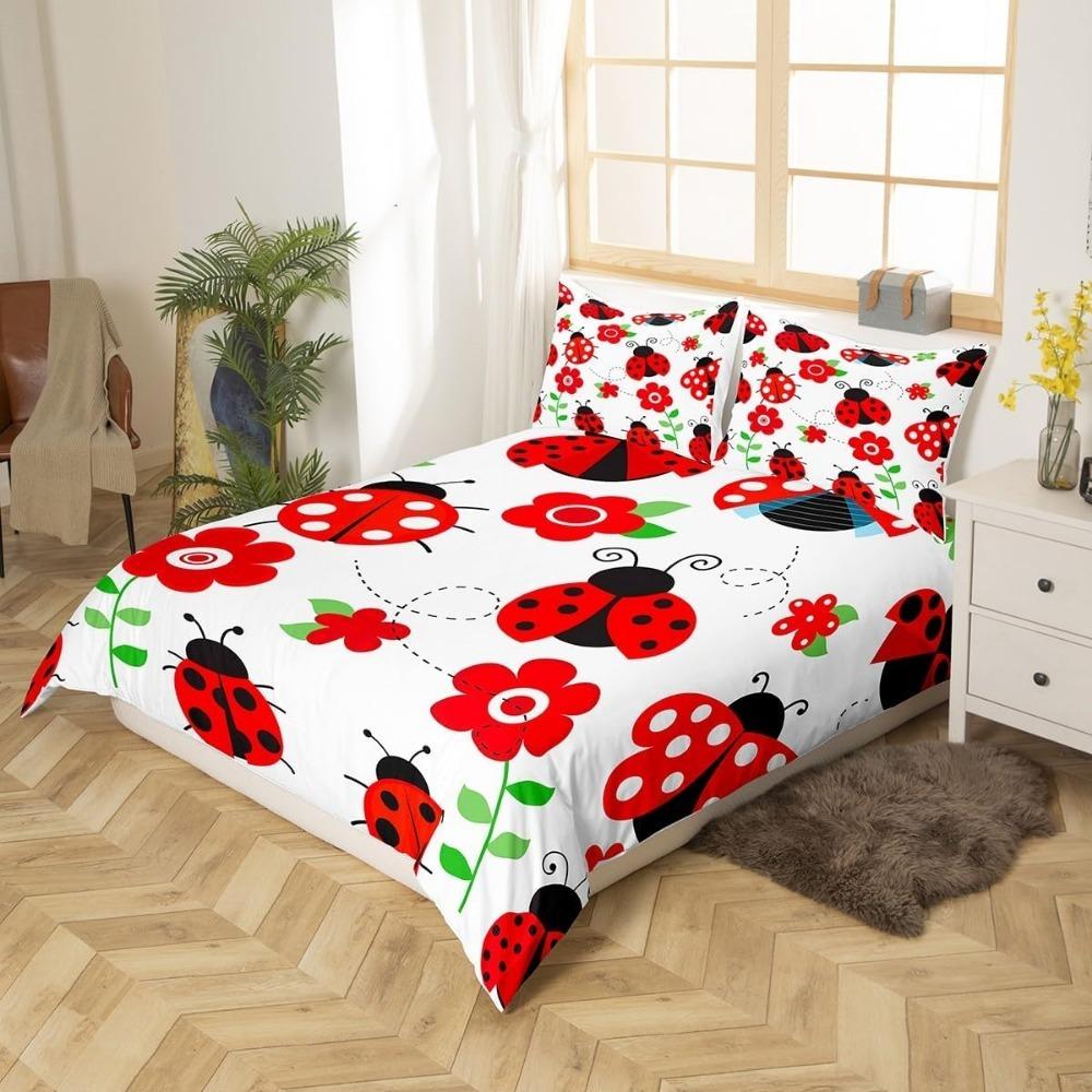 Cute Ladybug Bedding Set, Red Flower Pattern Boys, Girls Adult Bedding Microfiber Duvet Cover Zipper Duvet Cover And2 Pillowcase