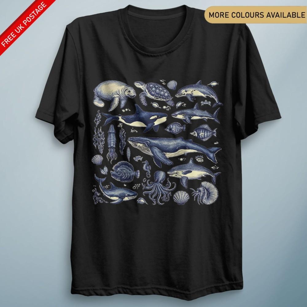 Marine Creatures Sea Life TShirt Dolphin Whale Ocean Animal Lover Tee