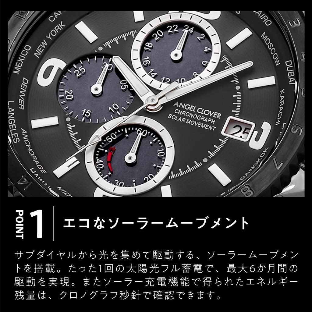 Mondo Solar Solar Chronograph Sapphire Glass Black Dial NMOS44SBBK Silver [Angel Clover] Men's
