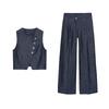 Linen Blend Double Breasted Sleeveless Round Neck Vest Jacket 8129979 Overlapping Waist Casual Pants 8131979