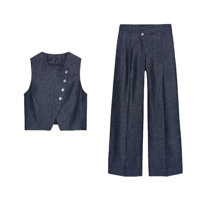 Linen Blend Double Breasted Sleeveless Round Neck Vest Jacket 8129979 Overlapping Waist Casual Pants 8131979