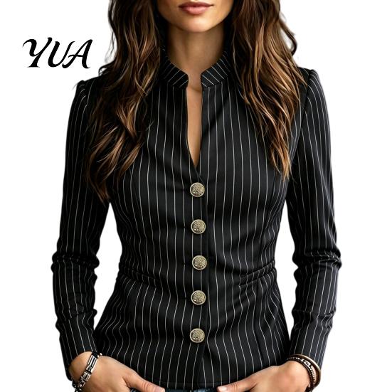 Slim Fit Casual Blazer Women Stand Collar Striped Blazer, Single-Breasted Anti Wrinkle Formal Blouse Top, Office Business Jacket Outerwear Lady