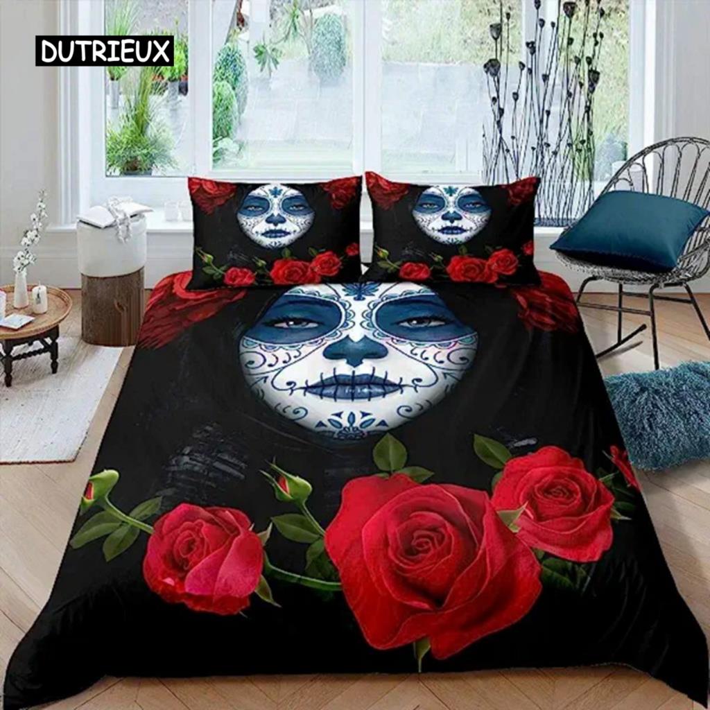 Sugar Skull Duvet Cover Teen Girl Bedding Set Sugar Skull Decor Bedding Skull Skeleton Roses Floral Print Duvet Cover Decorative