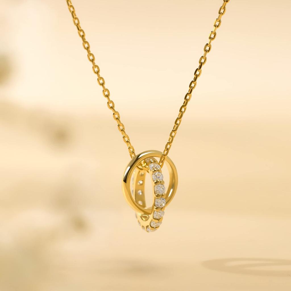 Ожерелье Двойное кольцо Изящное цирконие Популярное золото K18 Серебро 925 Сделано в Японии Подарочная коробка включена Подарок Свадебный аксессуар Джон Люк [JOHNLUKE]