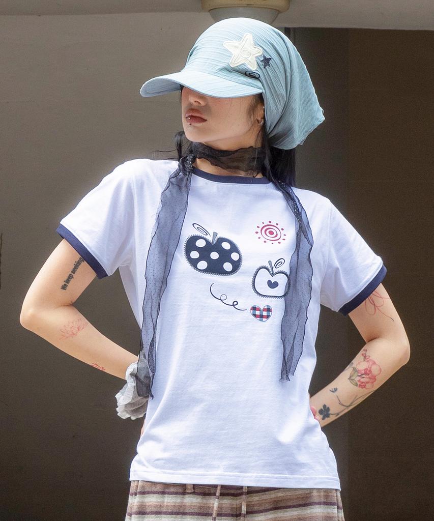 RuNaKi'Hu' Wxt095 Mela Dot Applique Ringer T-Shirt (White)