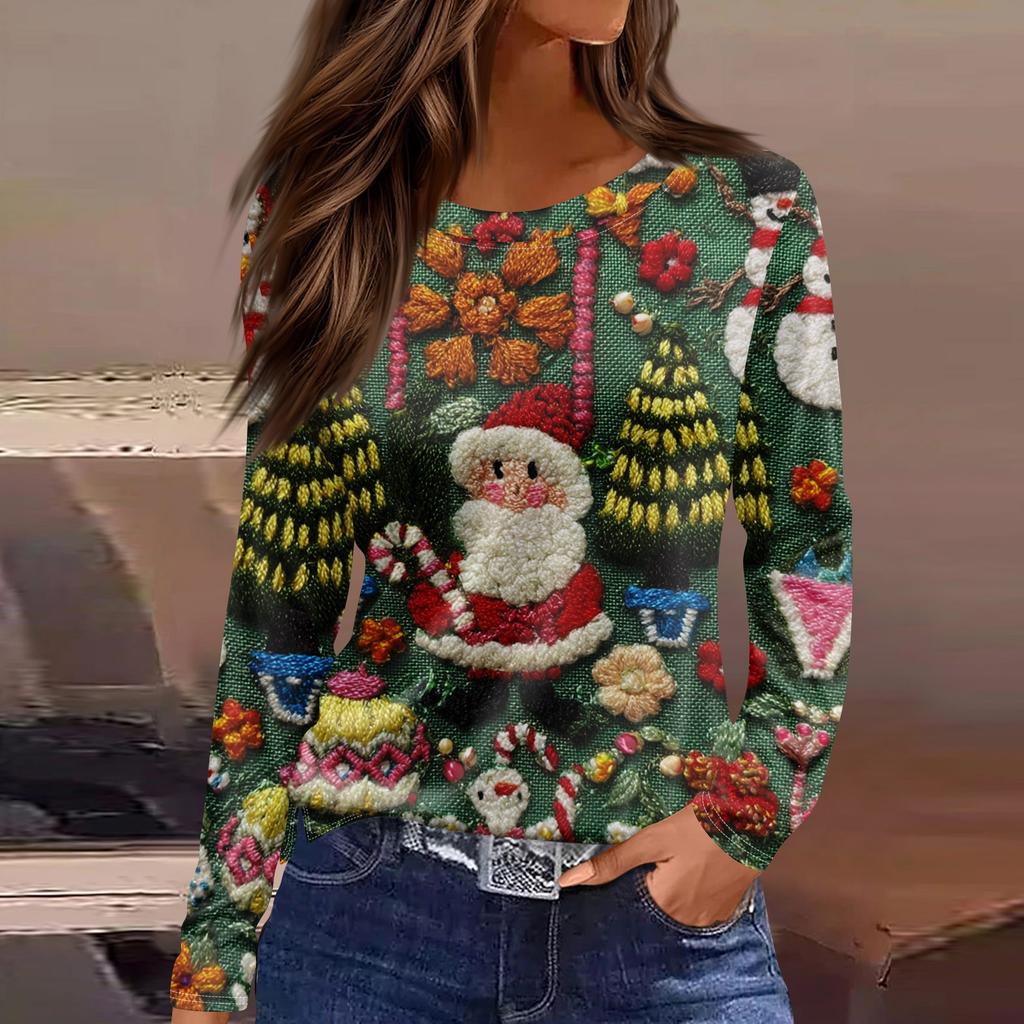 Женская мода повседневный топ с разрезом по низу и рождественским принтом с круглым вырезом и длинными рукавами