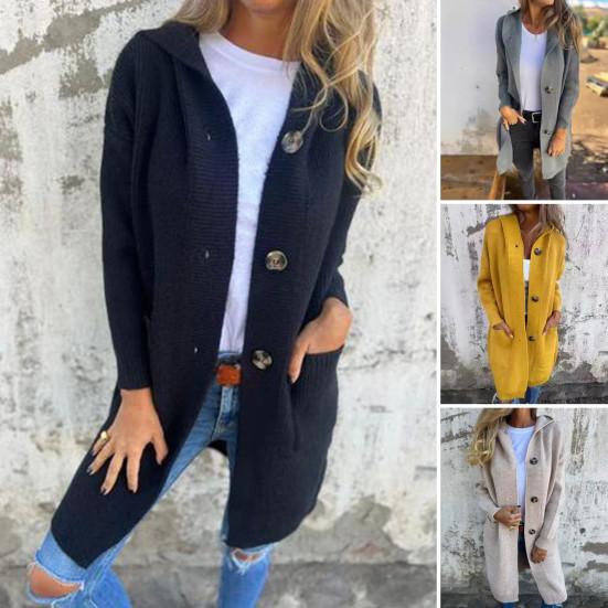 Женский вязаный кардиган с капюшоном, длинный рукав, однобортный свитер, пальто с карманами, однотонный трикотаж средней длины