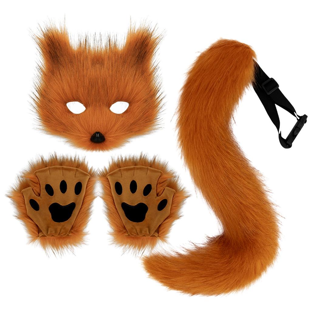 Therian Mask+Tail+Gloves Set Halloween Cosplay Costume Accessories Fox Mask Tail Half Face Faux Furs Foxy Tail Cat Mask