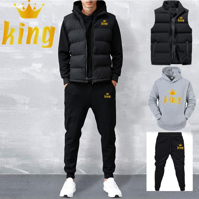 Men Spring Winter Fleece Hoddies Set Casual Sets Vest + Hoodies + Pants 3 Piece Set Male Tracksuit Sportswear Set