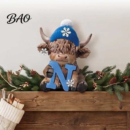 Small Bookshelf Figurine 4Pcs Christmas Highland Cow Figurine, Winter Blue Yak Statues with Snowflakes Xmas Comfortable Hand Feel Decor Hats,