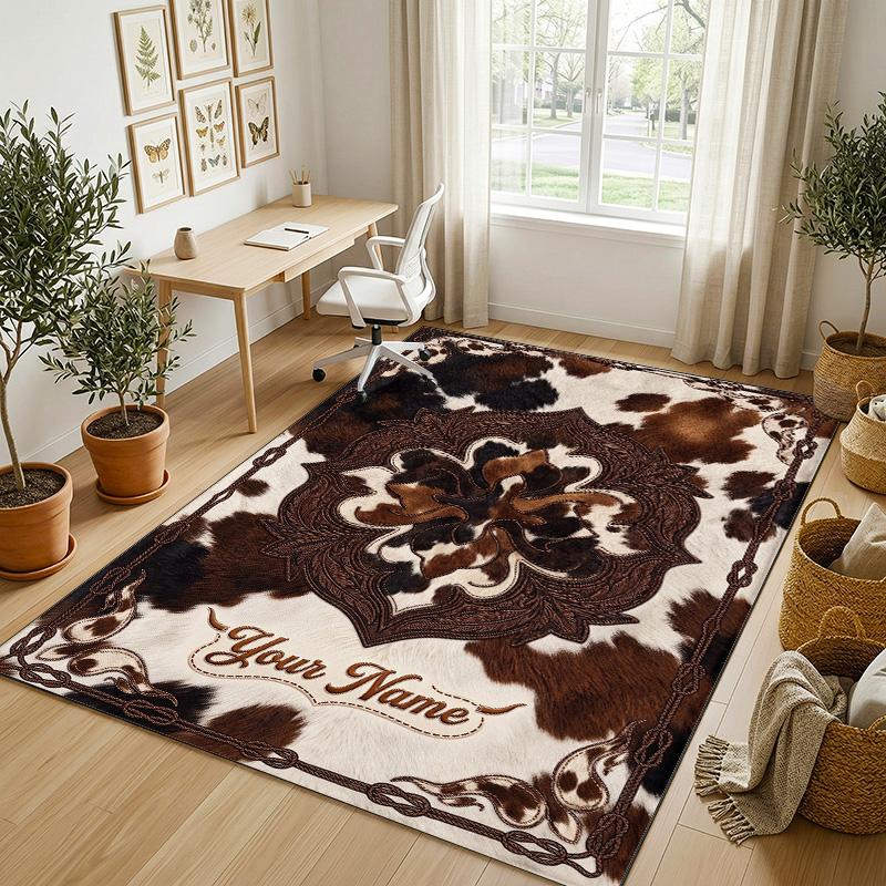 Cow Highland Theme Crystal Velvet Rug Personalized Custom Name Text Soft Floor Mat Home Decor