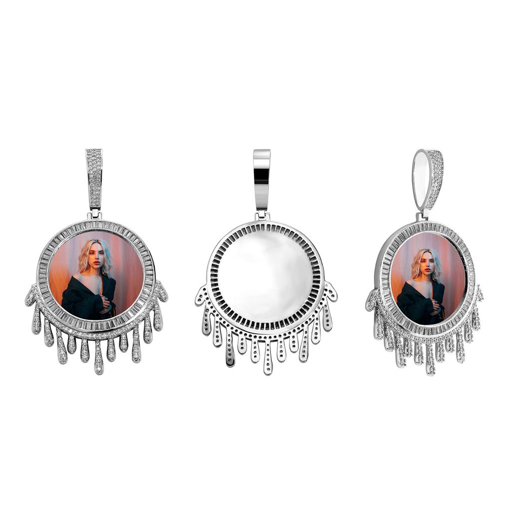 Top Icy DIY Customized Water Drop Style Iced Out Cubic Zircon Silver Gold Jewelry Circle Photo Necklace Private Photo Pendant