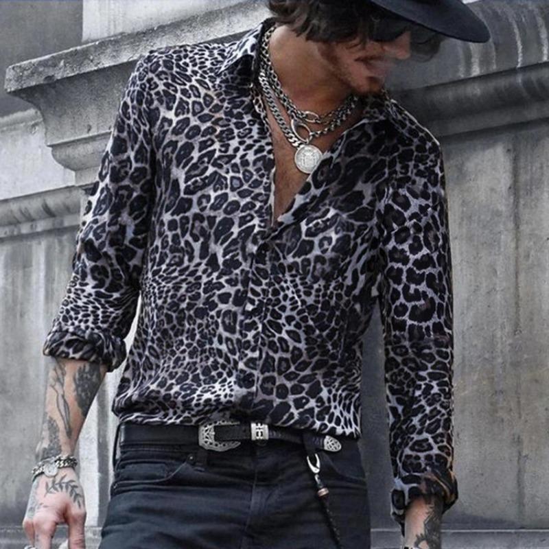 Men S Long Sleeve Leopard Print Collared Shirt