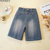 MODIQUE 2025 New Plus Size Summer Women's Casual Vintage Straight Star Pattern Wide Leg Denim Shorts Elastic Jeans Ladies Loose Basic High Waist Pants