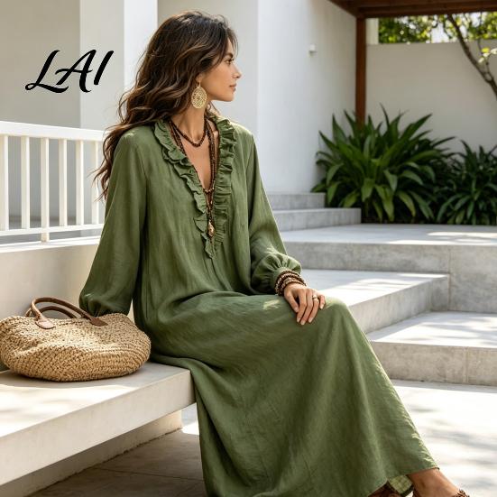 Lightweight Polyester Dresses Women Ruffle V Loose Fit Dress Neck Long Casual Midi Dress Solid Color Sleeves for Spring Autumn