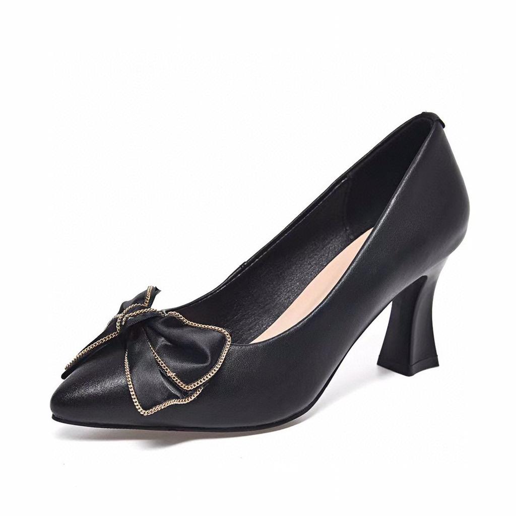 Остроносые туфли на высоком каблуке женские весенне-летние новые с бантом из коровьей кожи с мелким вырезом одинарные туфли простой темперамент модная обувь