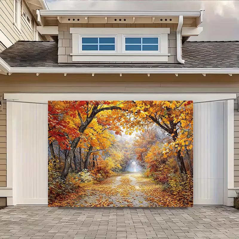2D Fall Maple Backdrop, Orange Leaf Path Background for Thanksgiving & Harvest Party