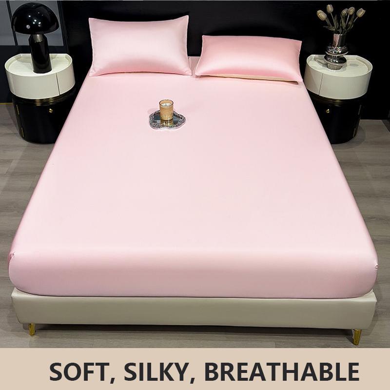 New Ice Silk Bed Sheet Set Summer Bedding Set Solid Color Bed Cover Fitted Sheet Full Package Bed Sheet Cooling Bed Sheet Silky Bed Sheet