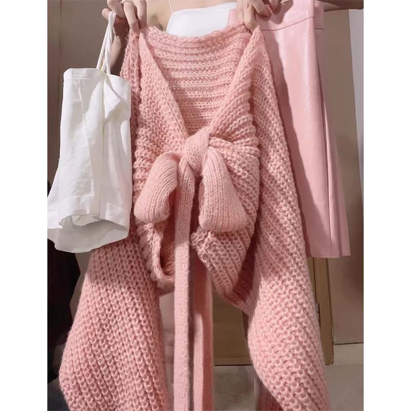 Женский осенне-зимний милый и симпатичный свитер с V-образным вырезом и бантом, вязаный свитер с объемной вязкой, кардиган, куртка