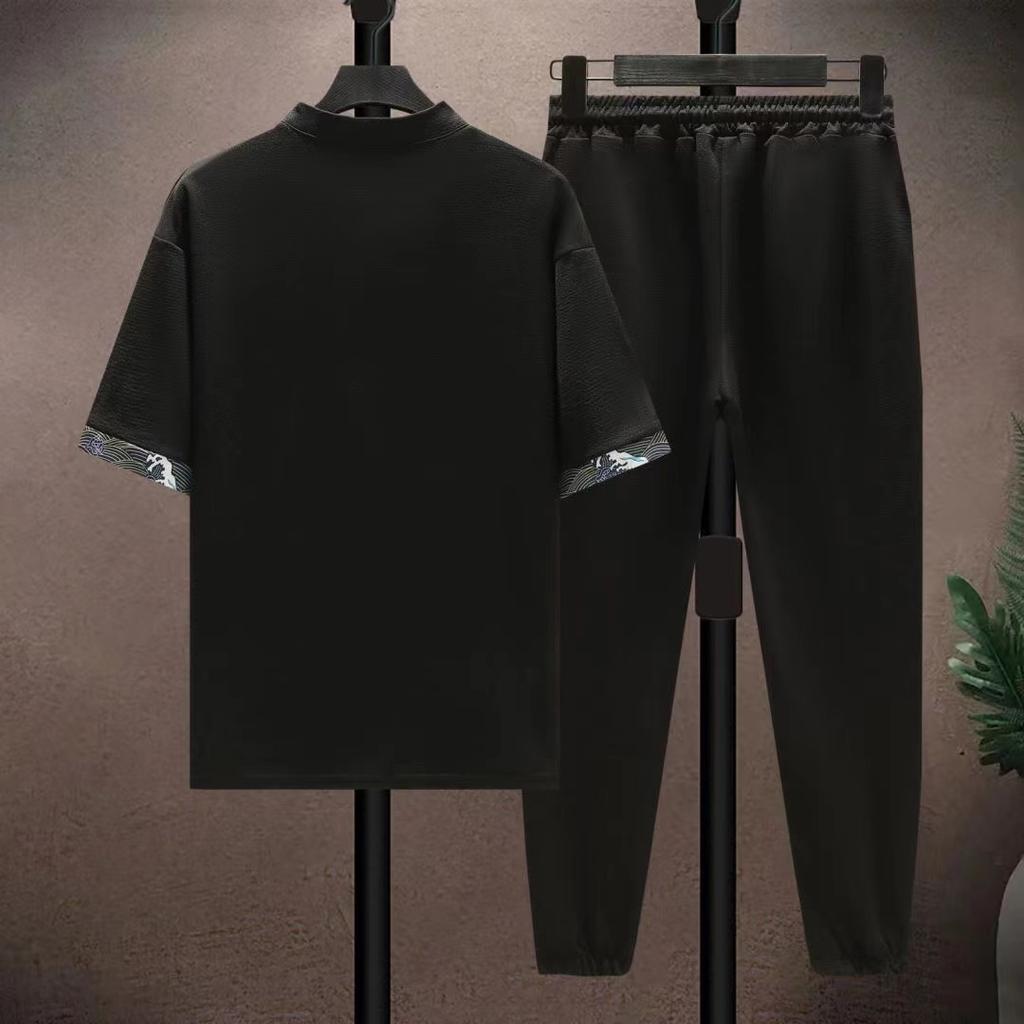 Summer Men's Chinese Retro Style Ice Silk Cool Loose Set Short Sleeved Long Pants Casual Sports Fashion Two Piece Set