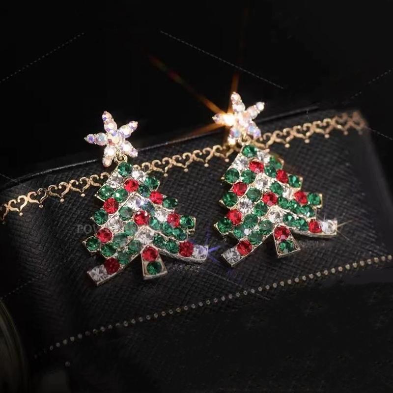 New Trendy Rhinestone Christmas Tree Earrings for Women Exquisite Zircon Xmas Tree Drop Earring Girls New Year Festival Jewelry