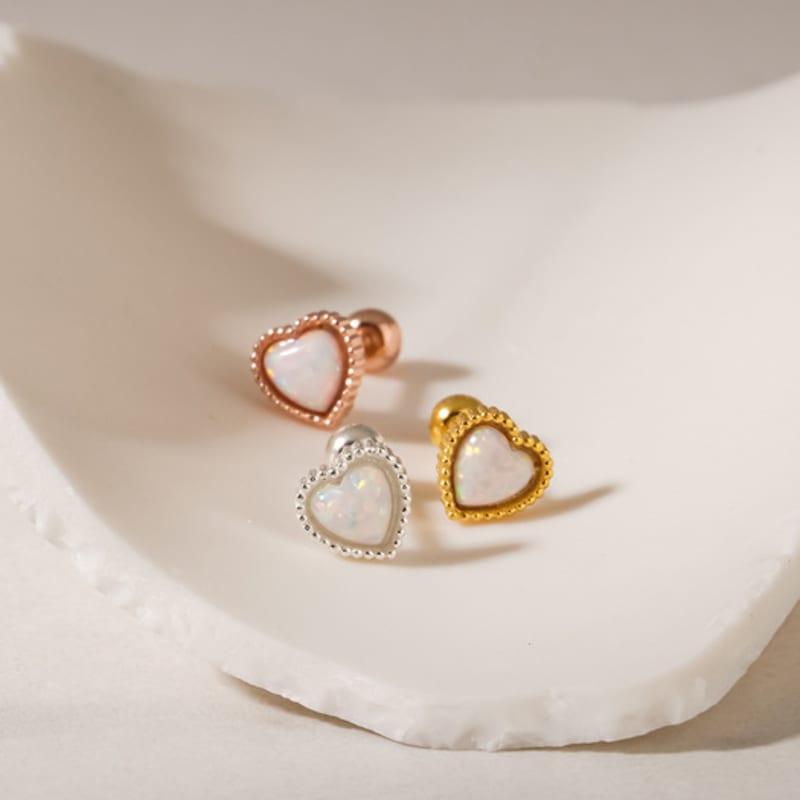 JEWNEL (1+1)Silver925 Opal Pearl Heart Gemstone Piercing (3 Colors)
