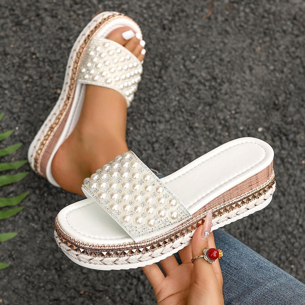 Fashion Summer Outdoor Peep Toe Thick Bottom Women's Slippers Shoes for Women 2025 Fashion New Round Toe Pearl Casual Slippers Women