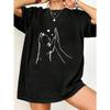 Oversized T Shirt Black Cat And Hand Love Print For Casual Wear