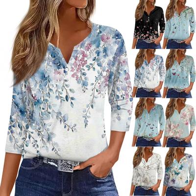 Жен. Футболка Футболка С принтом Пуговицы Рукав 3/4Ежедневно Выходные Мода Классический Топ с v-образным вырезом Обычный