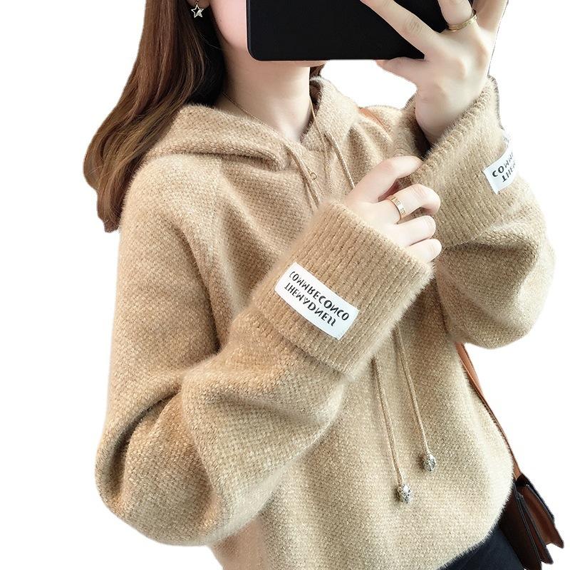 Женский свитер с капюшоном, однотонный, свободный, верхняя одежда, пуловер с капюшоном