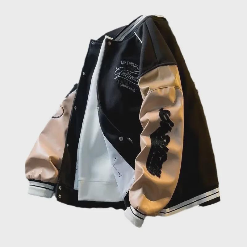 Мужская модная бейсбольная куртка с кожаными рукавами и вышивкой контрастного цвета — повседневная одежда в корейском стиле на весну и осень