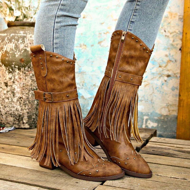 Suede Vintage Fringe Boots Winter New Rivet Belt Buckle Pointed Toe Mid-Top Boots Plus Size Knight Boots Women