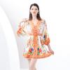 Spring Summer Women Vintage Palace Print Robe V-neck Single Breasted Mini Short Holiday Party Dresses with Belt