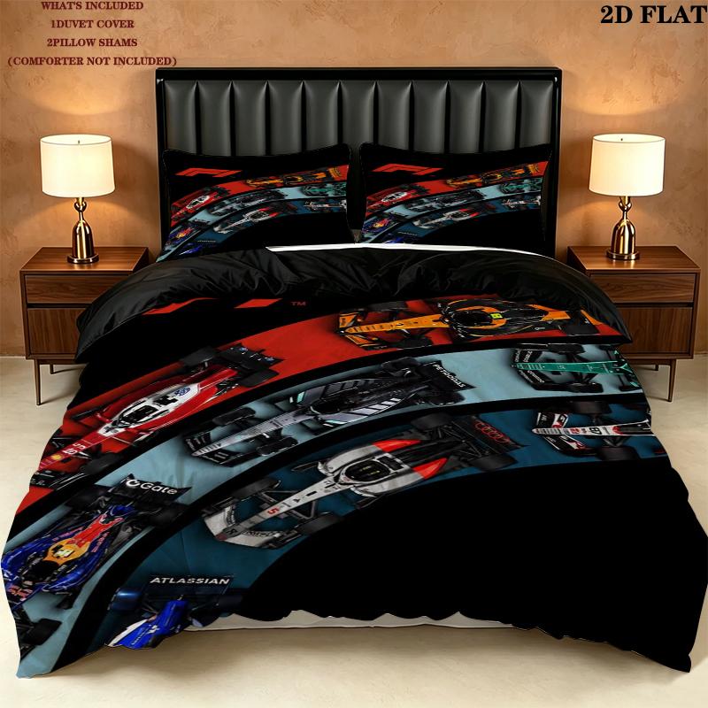 F1 Cars Pattern Bedding uilt Set uilt Cover Pillowcase Home Decoration Birthday Gift (1 * duvet cover + 2 * pillowcase without core)
