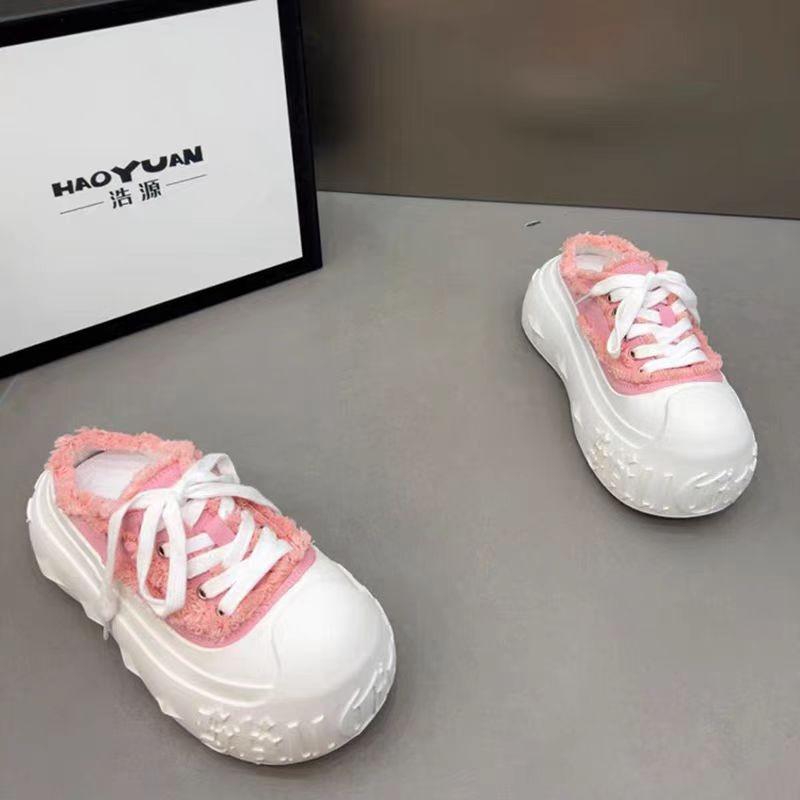 Повседневная парусиновая спортивная обувь Женские шлепанцы на толстой подошве и высоком каблуке для улицы Резиновая подошва Корейский стиль Плоские сандалии