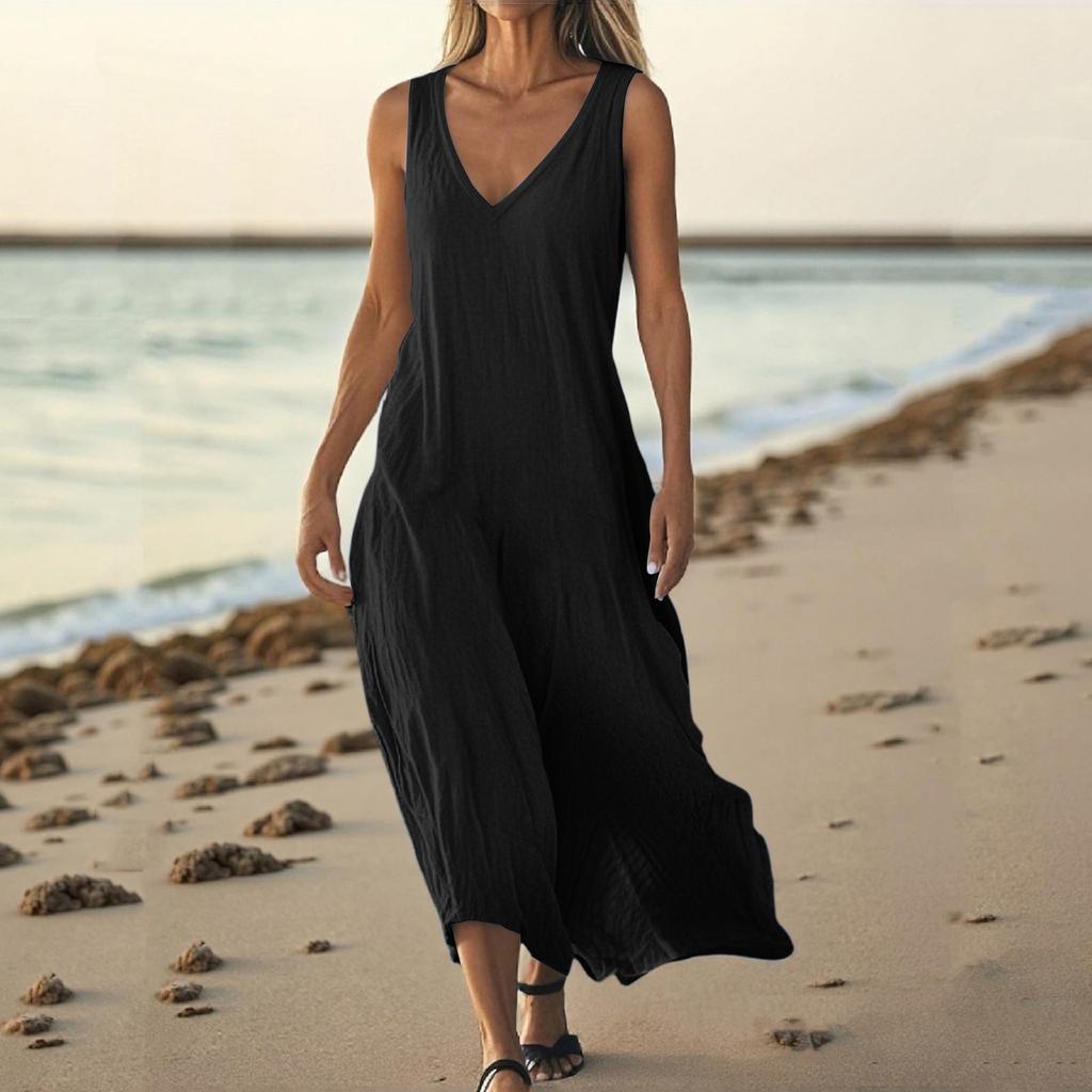 Women Casual Summer Solid Color Tank Sleeveless Dress Hollow Out Loose Beach Dress