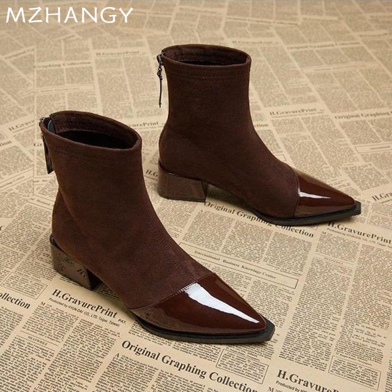 Модные женские замшевые ботильоны с острым носком, модные туфли на среднем каблуке, женская обувь 2025 года, элегантные зимние готические туфли-лодочки, ботинки челси Mujer