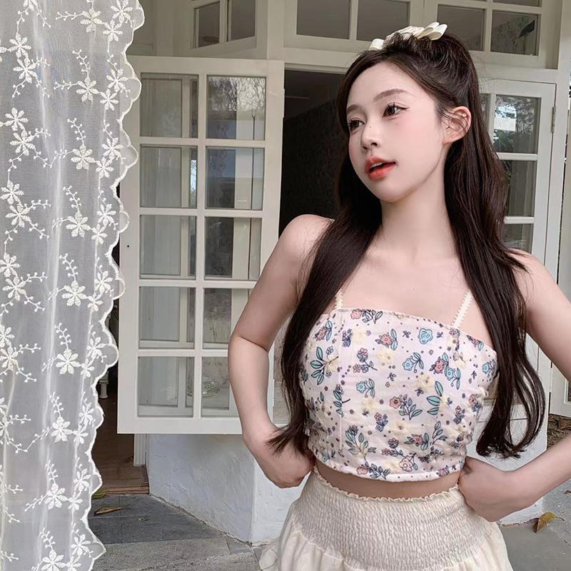 Милый женский укороченный топ на бретельках с цветочным принтом, тонкий уличный стиль