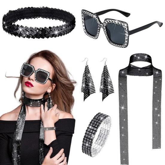 5 Pcs/Set Women Jewelry Set Sequin Rhinestone Decor Vintage 60s 70s Disco Party Favors Cosplay Earrings Sunglasses Bracelet Headband Scarf Set