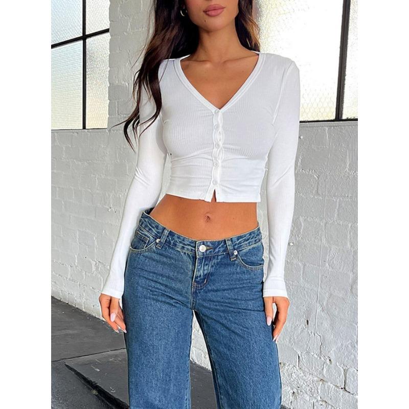 Весенне-осенняя женская блузка Y2K Slim Fashion Threaded Pit Stripe Long Sleeve Button Top