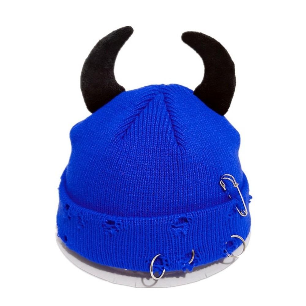 Yarn Winter Pullover Cap Solid Color Knitted Beanie Punk Devil Horns Hat Autumn/Winter