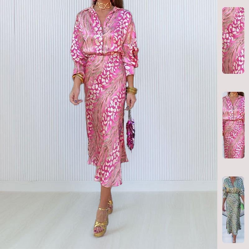 Women Elegant V Neck Long Sleeve Printed Shirt Midi Dress Two Piece Set