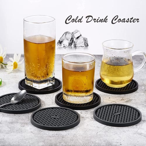 Set of 6 Silicone Coasters (with Holders) - Non-Slip, Absorbent, Insulating Cup Mats, Easy-to-Wash Tea Trays, Stylish (Round, Black)