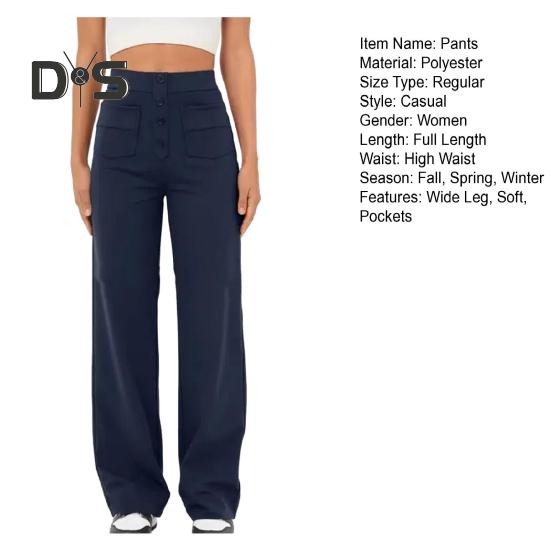 Women Pants High Waist Wide Leg Straight Loose Solid Color Button Closure Elastic Pockets Casual Lady Soft Trousers