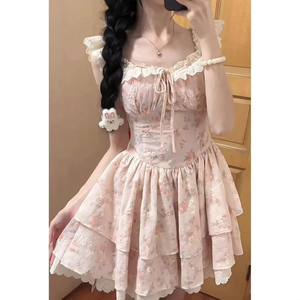 (Original Jacquard) Sweet and cute little flying sleeve dress, summer daughter feeling, waist and thin princess style tutu